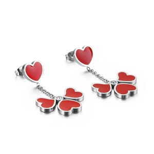 Red heart-shaped four-leaf clover earrings in polished steel with zircon accents