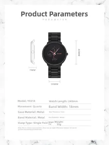 Detailed spec sheet for the YOLAKO men's black steel quartz watch with three-eye dial design