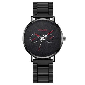 Ultrathin black stainless steel men's watch with dual dials and modern red accents