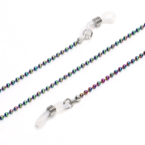 Colorful beaded metal sunglasses chain with anti-slip silicone loops on white background