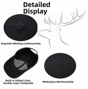 Detail of black baseball cap featuring built-in Oxford lining and double-layer composite