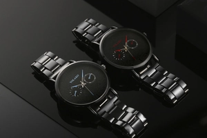 Detail shot of ultra-thin black stainless steel quartz watches with dual-eye sub-dials