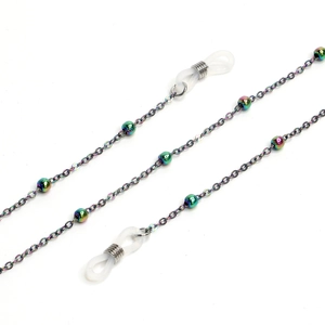 Colorful beaded sunglasses chain with silver metal links and silicone loops on white background