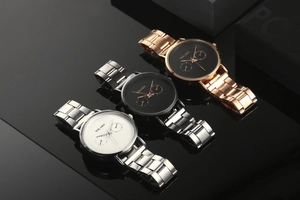 Modern men's slim steel quartz watches in silver, black and rose gold finishes