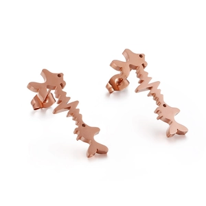 Rose gold stainless steel fish heartbeat earrings shown as a pair on white background
