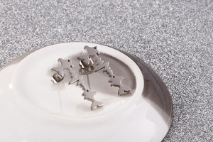 Detailed close-up of silver fishbone stainless steel stud earrings on white ceramic base