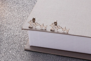 Detailed view of silver fish and heartbeat wave earrings on an elegant book edge