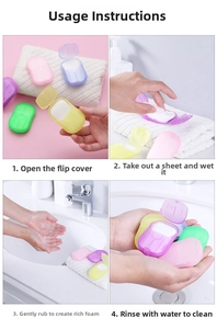 Four-step guide showing how to use portable paper soap sheets for hand washing