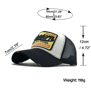 Detailed size chart for vintage trucker hat featuring dimensions and worn edge fabric detail