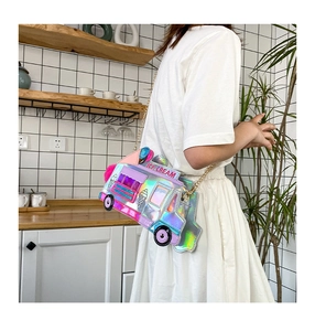 Ice cream truck crossbody bag with holographic finish and metal chain shown on model