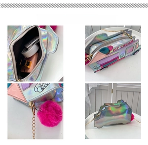 Macro view of holographic ice cream truck bag showing interior space for cosmetics