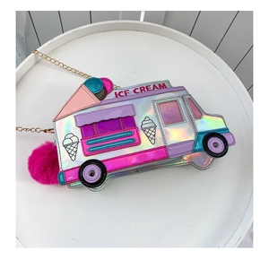 Macro view of ice cream truck crossbody bag in holographic silver with gold chain