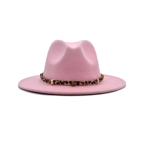Hot pink wool fedora hat with leopard print band and golden star ornament