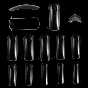 Clear dual nail forms set showing various sizes for acrylic extension on black background