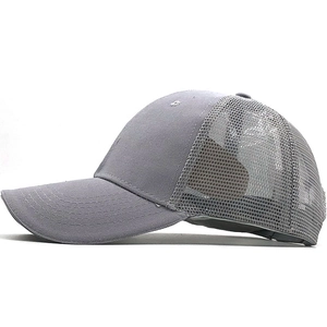 Detail view of the breathable light gray mesh back and precise stitching on the baseball cap