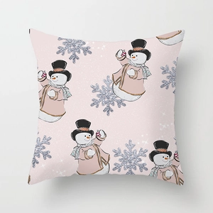 Pink Christmas pillowcase featuring cartoon snowmen and shiny silver snowflakes decor