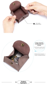 Detailed internal view of square brown genuine leather coin purse with metal button snap