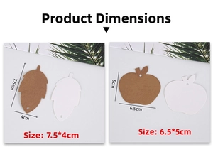 Detailed size guide for leaf and apple shaped kraft paper gift tags with dimensions