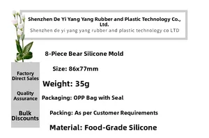 Specifications of 8-cavity bear silicone mold showing 86x77mm size and food-grade material