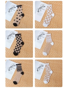Detail view of six sheer mesh ankle socks with varied patterns like dots and bows