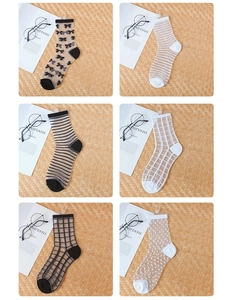 Detail view of transparent mesh socks with patterns like bows, stripes and polka dots