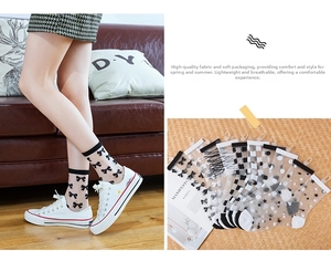 Detail of sheer mesh ankle socks with varied patterns like polka dots and checkers