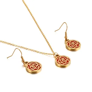 Hollow Rose Flower Necklace And Earrings Elegant Round Pendant Stainless Steel Jewelry For Women Red Enamel