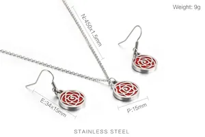 Detail view of red rose stainless steel jewelry set with exact size measurements