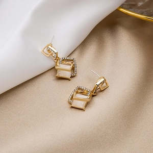 Elegant 925 silver needle geometric square earrings with cat eye stones in gold finish
