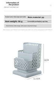 Detailed specs of light blue 3-tier hollow plastic desk organizer and pen holder