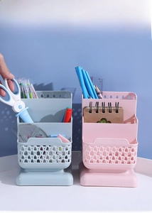 Three-tier hollow desktop organizer with convenient stepped design for stationery and cosmetics