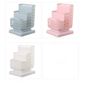 Three-tier hollow mesh desktop storage organizer in blue, pink, and white colors