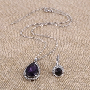 Elegant purple crystal waterdrop necklace and round moon river earrings jewelry set