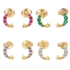 Fashion Korean Copper Star Moon Stud Earrings Micro Inlaid Colorful Zirconia Gold Plated Simple Sweet Women Jewelry Accessories