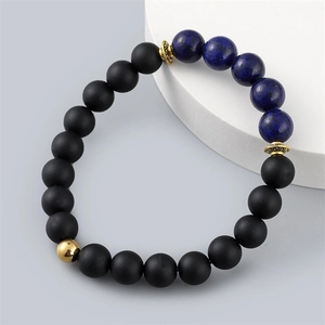 Bracciale Di Perline Da Uomo Pietra Nera Opaca Lapislazzuli Distanziatori In Lega Dorata Elastico Gioielli