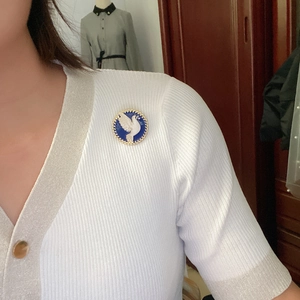 Detail of vintage blue enamel peace dove brooch pinned on a white knitted sweater