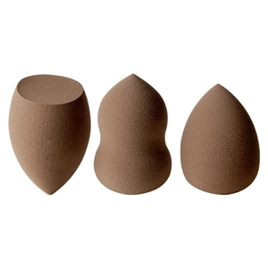 Three-piece brown makeup sponge set including teardrop, gourd, and slanted shapes