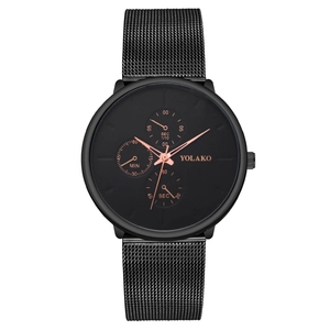 Men's chronograph watch with black mesh strap and rose gold hands on a dark face