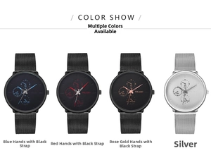 Detail of four quartz watches with mesh bands and decorative three-eye chronograph dials