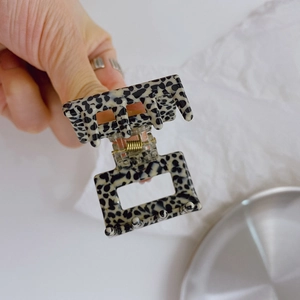 Minimalist black and white leopard pattern rectangular hair claw clip with metal spring