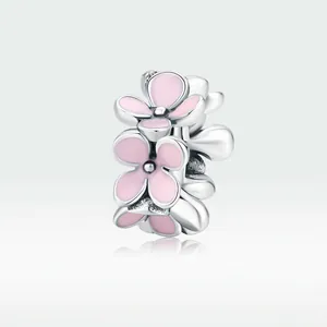 Pink enamel flower charm bead made of 925 sterling silver for DIY bracelets