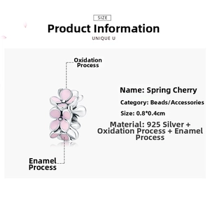 Detailed macro view of S925 sterling silver pink cherry blossom bead with enamel finish