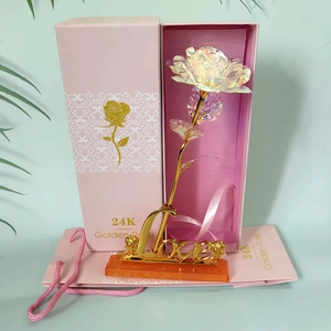 Iridescent gold foil rose with LOVE base, pink gift box, and matching handbag set
