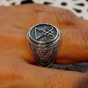 Vintage silver Sigil of Lucifer signet ring with gothic style and antique finish on finger