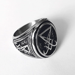 Silver Sigil of Lucifer signet ring for men in gothic occult biker style, 45-degree angle view