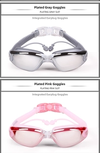 Detail of waterproof swim goggles with electroplated lenses and integrated earplugs