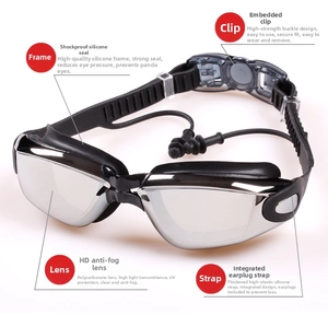 Detail of professional swim goggles with mirrored lenses and integrated earplugs strap