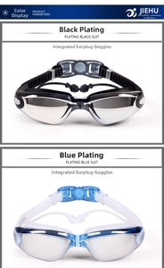 Close-up of waterproof swimming goggles with integrated earplugs and plated lenses