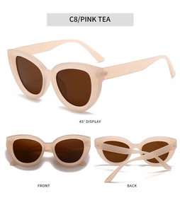 Detailed views of cat-eye sunglasses in pink tea finish showing front and side angles