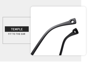 Detail of matte black temple with square lanyard hole and ergonomic curved ear fit